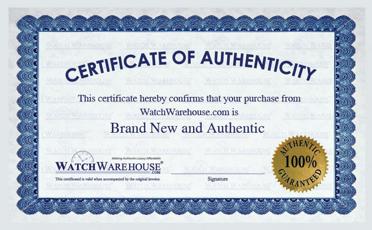 An example Watch Warehouse Certificate of Authenticity card